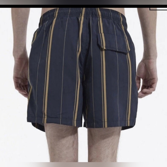 The Kooples Navy Blue & Gold Swim Trunks With Stripes & Zipper Pockets - Picture 4 of 12